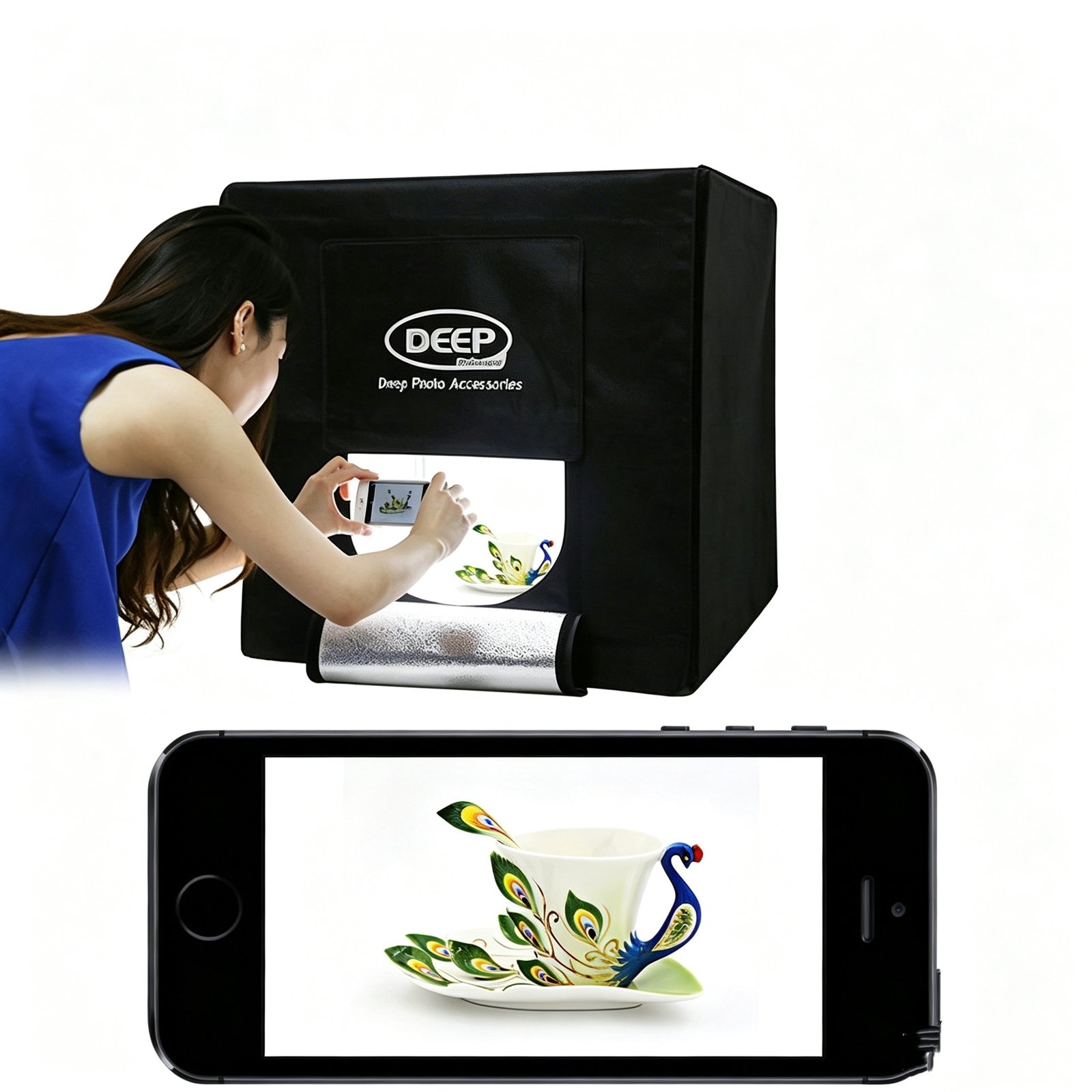 Woman shooting ceramic tea set inside DEEP photo studio with smartphone
