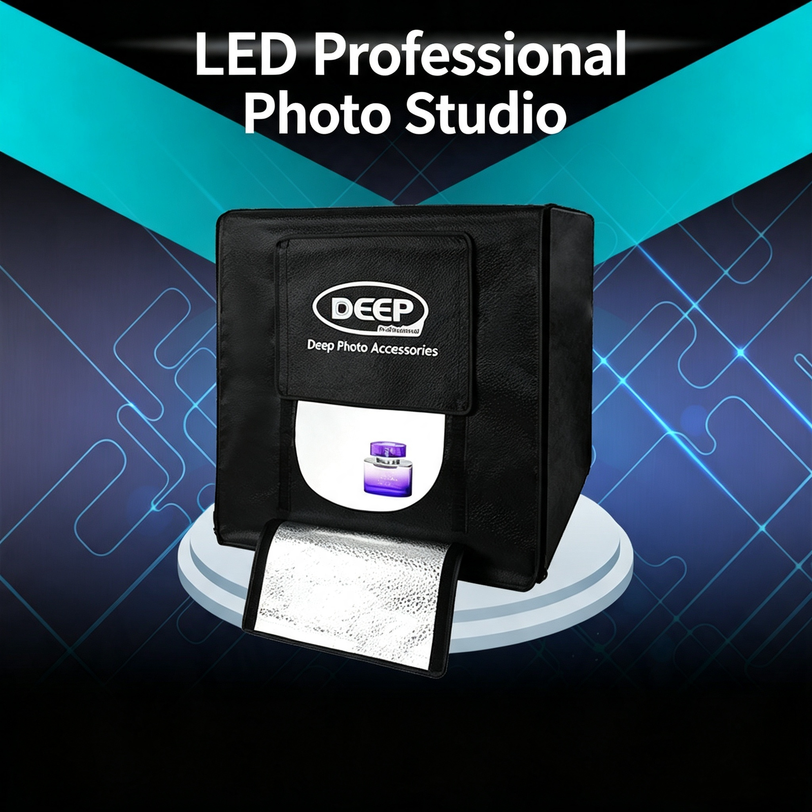 LED professional photo studio with purple perfume sample inside the viewing window