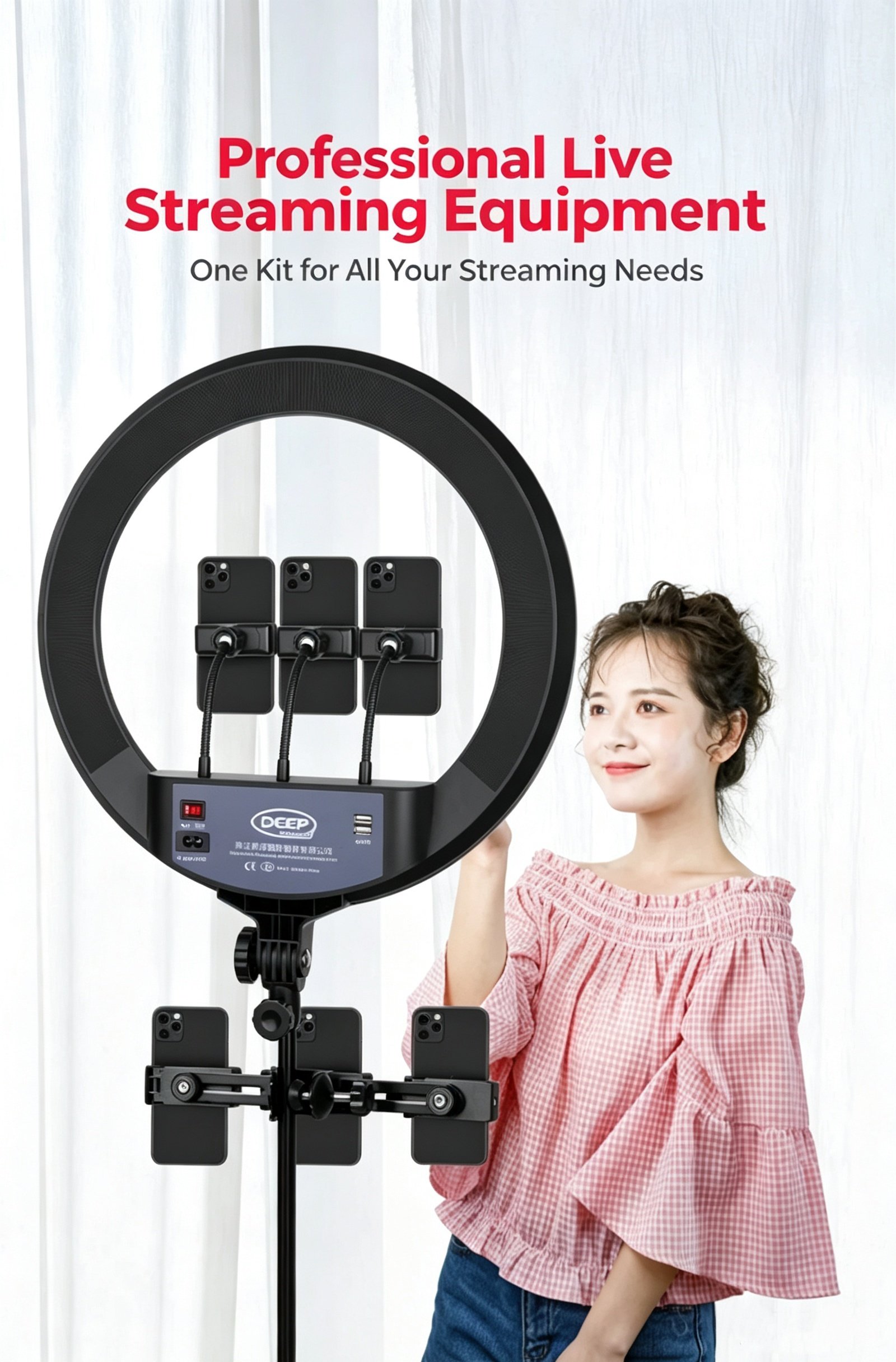 Ring light with multi phone holders for professional live streaming
