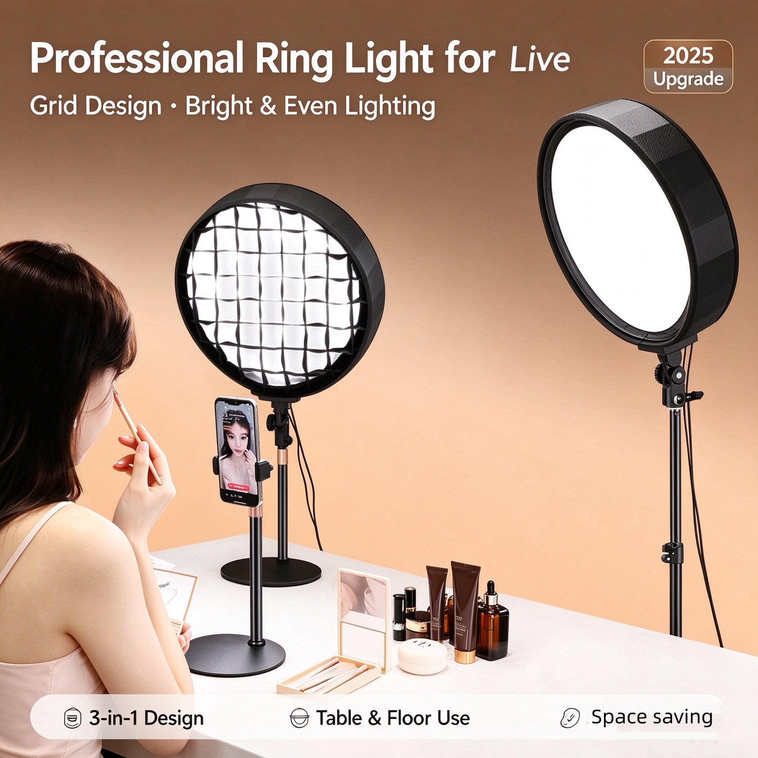 2025 upgrade desktop LED ring fill light with grid design for live streaming